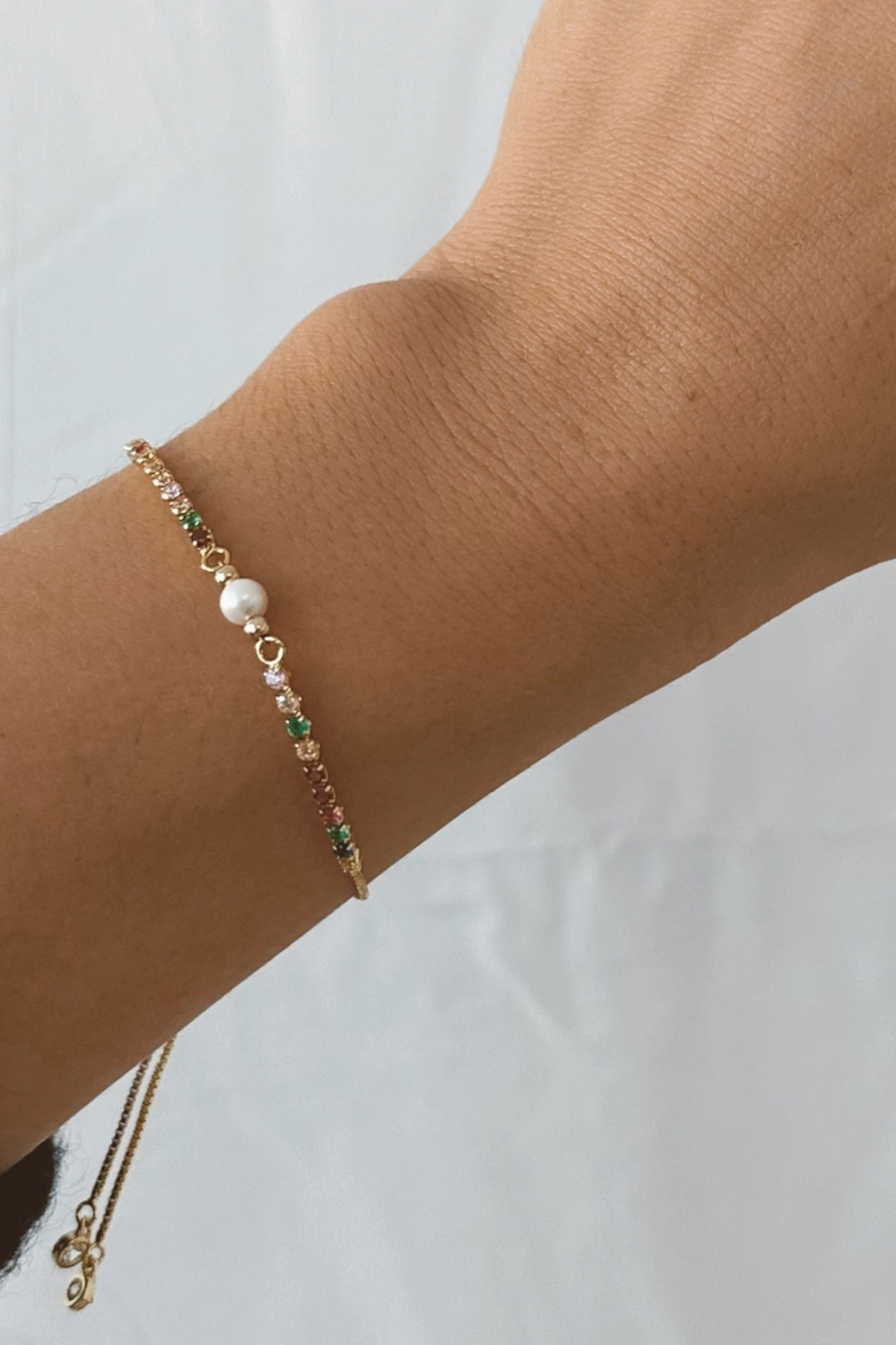 dainty bracelet with CZ and pearl charm gold filled 1