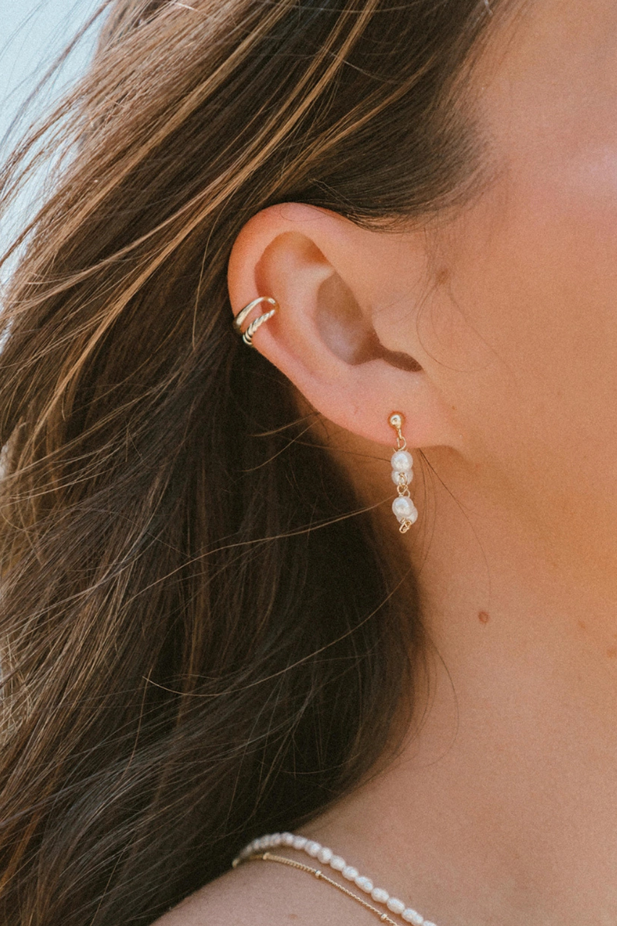 pearl chain drop earring dainty gold plated sterling. silver
