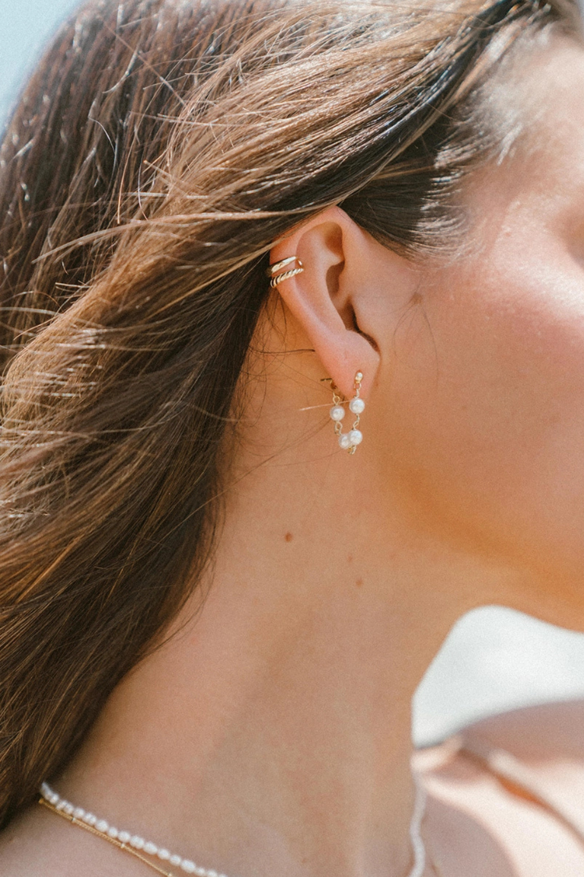 pearl chain drop earring dainty gold plated sterling. silver