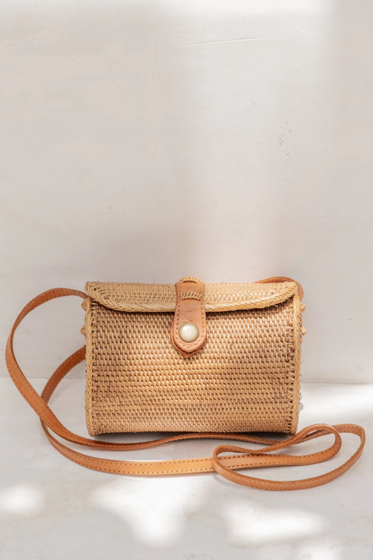 rattan costal circle bag leather straps purse
