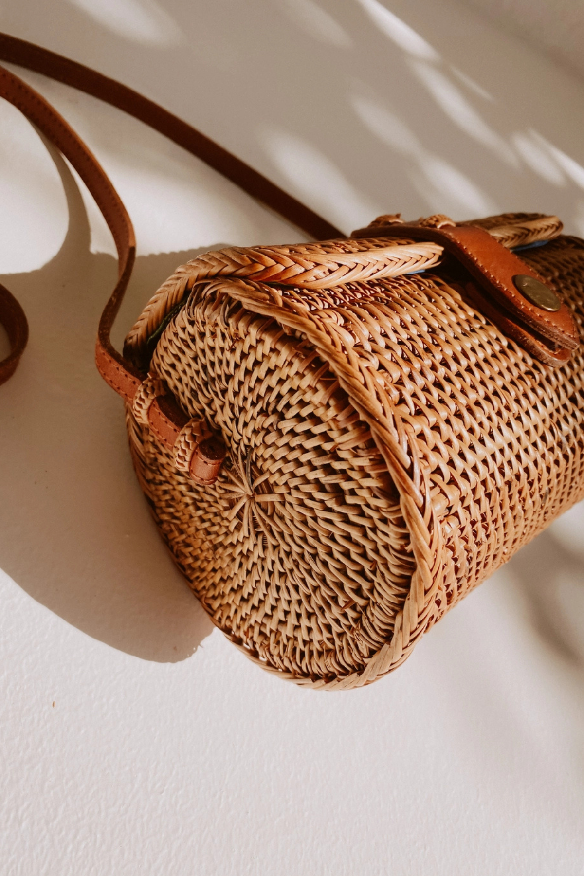 rattan costal circle bag leather straps purse
