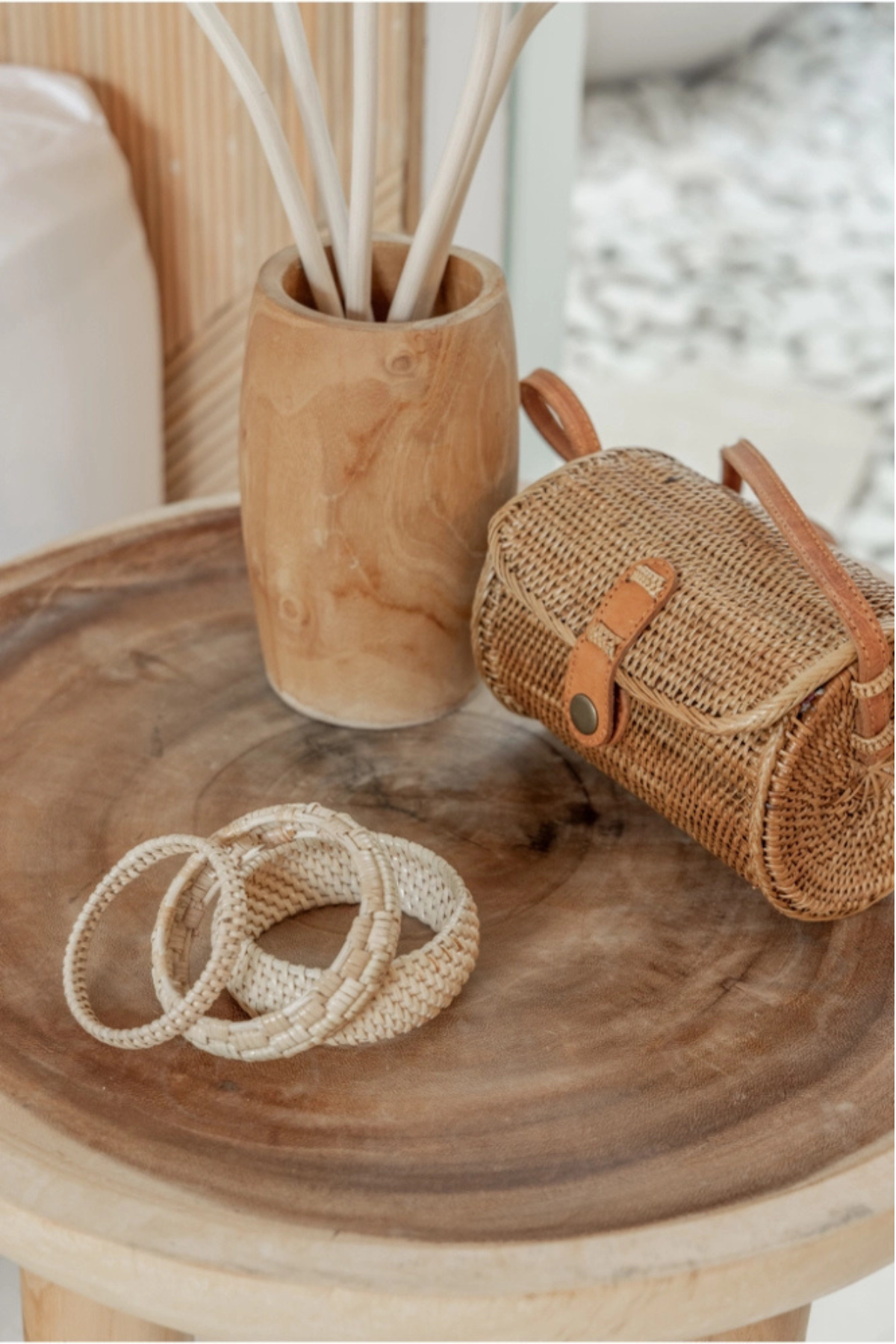 rattan costal circle bag leather straps purse