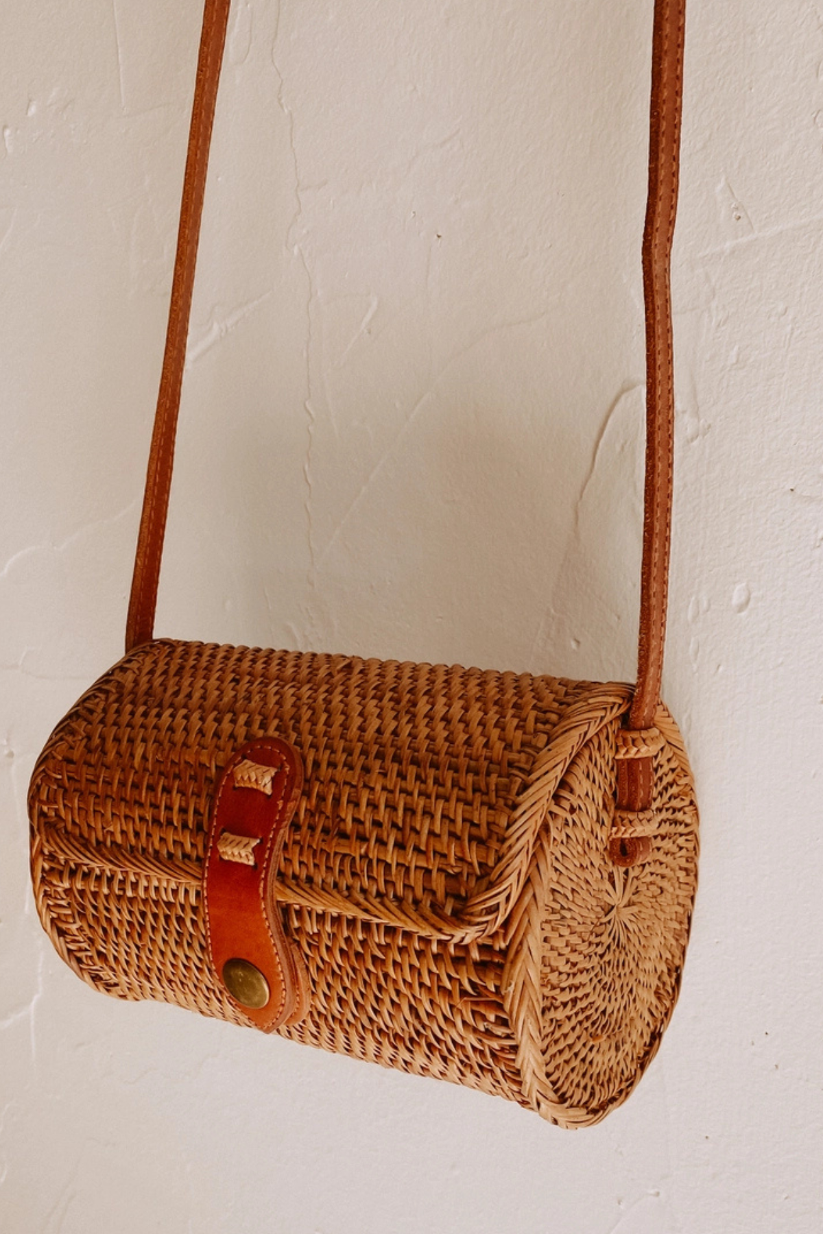 rattan costal circle bag leather straps purse