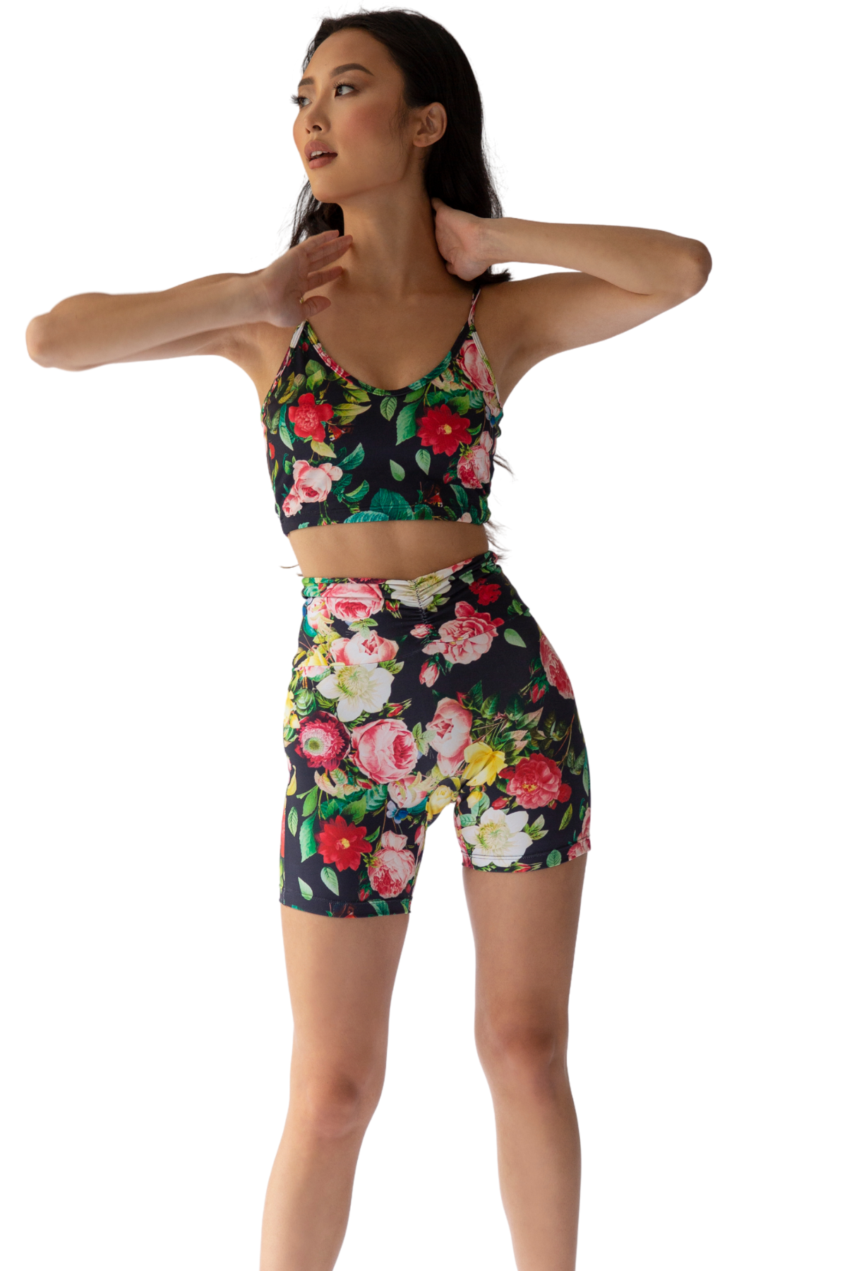 high waist v scrunch waistband activewear floral shorts