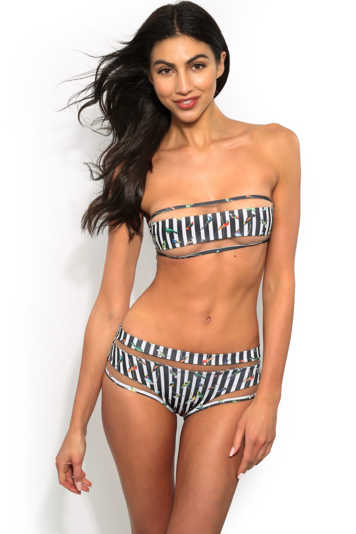 Strapless Bandeau striped bikini top with mesh