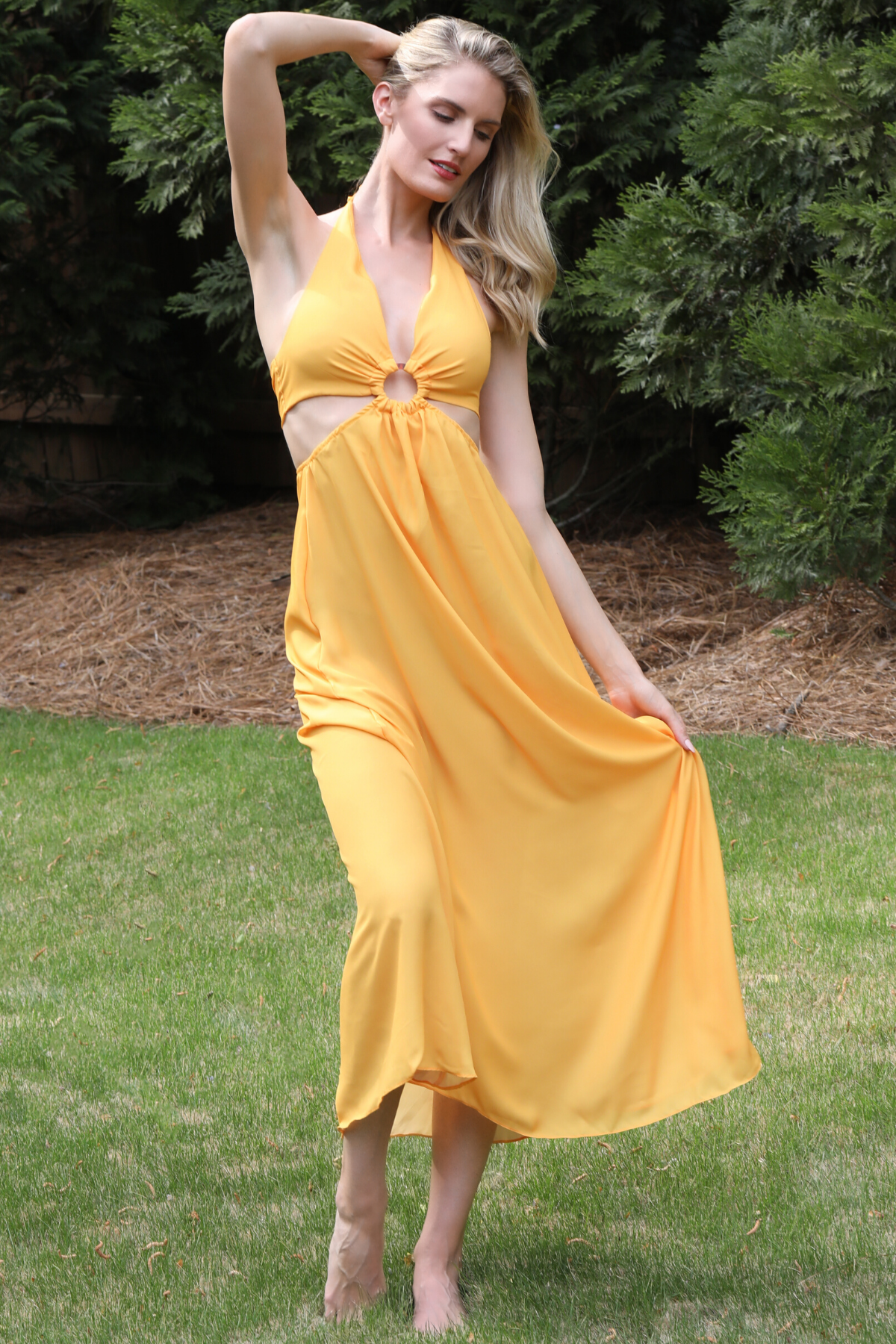 long halter yellow summer dress with loop