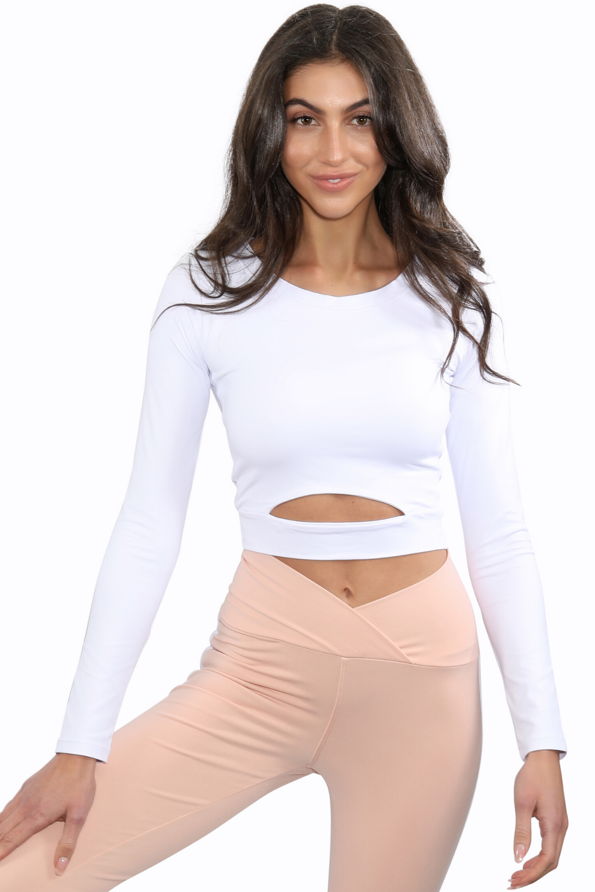 white long sleeve athleisure crop top